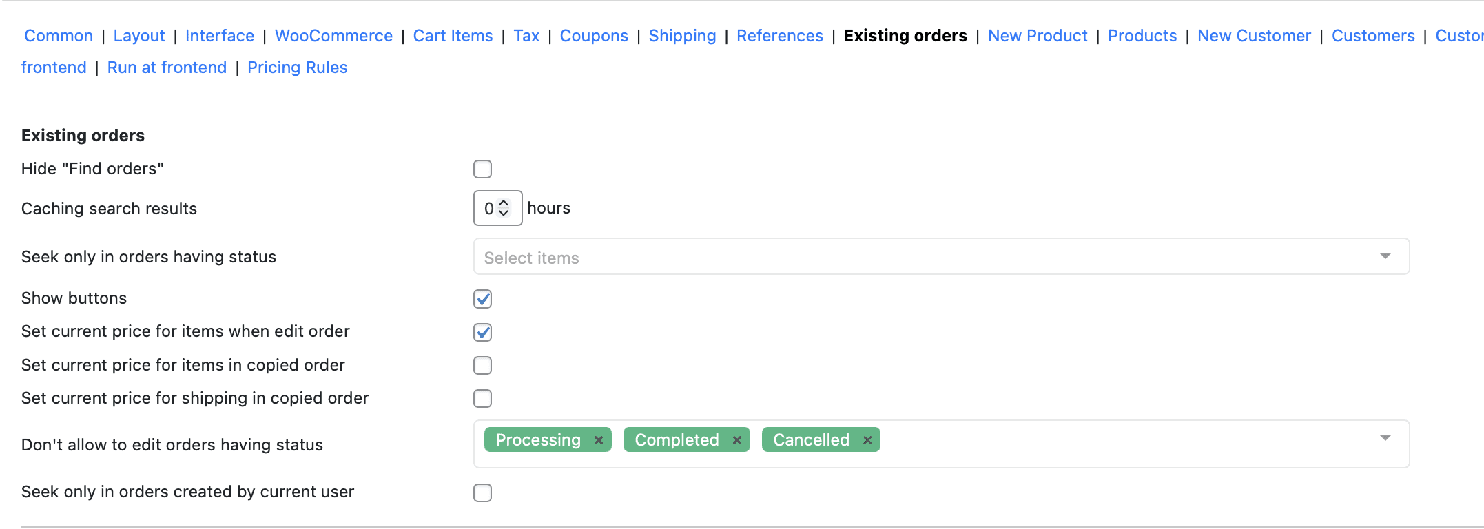 Existing orders settings tab of Phone orders for WooCommerce