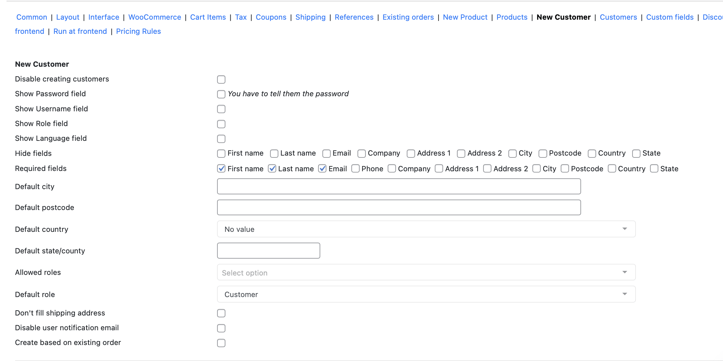 Phone Orders for WooCommerce "New Customer" settings' tab