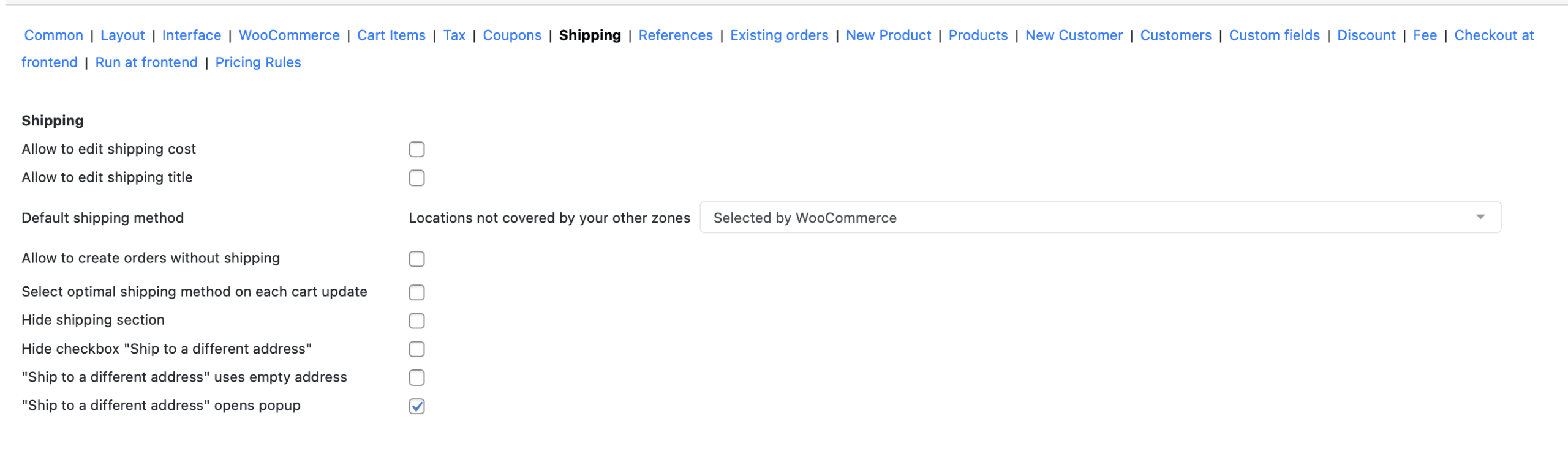 shipping settings tab of the Phone orders for WooCommerce plugin