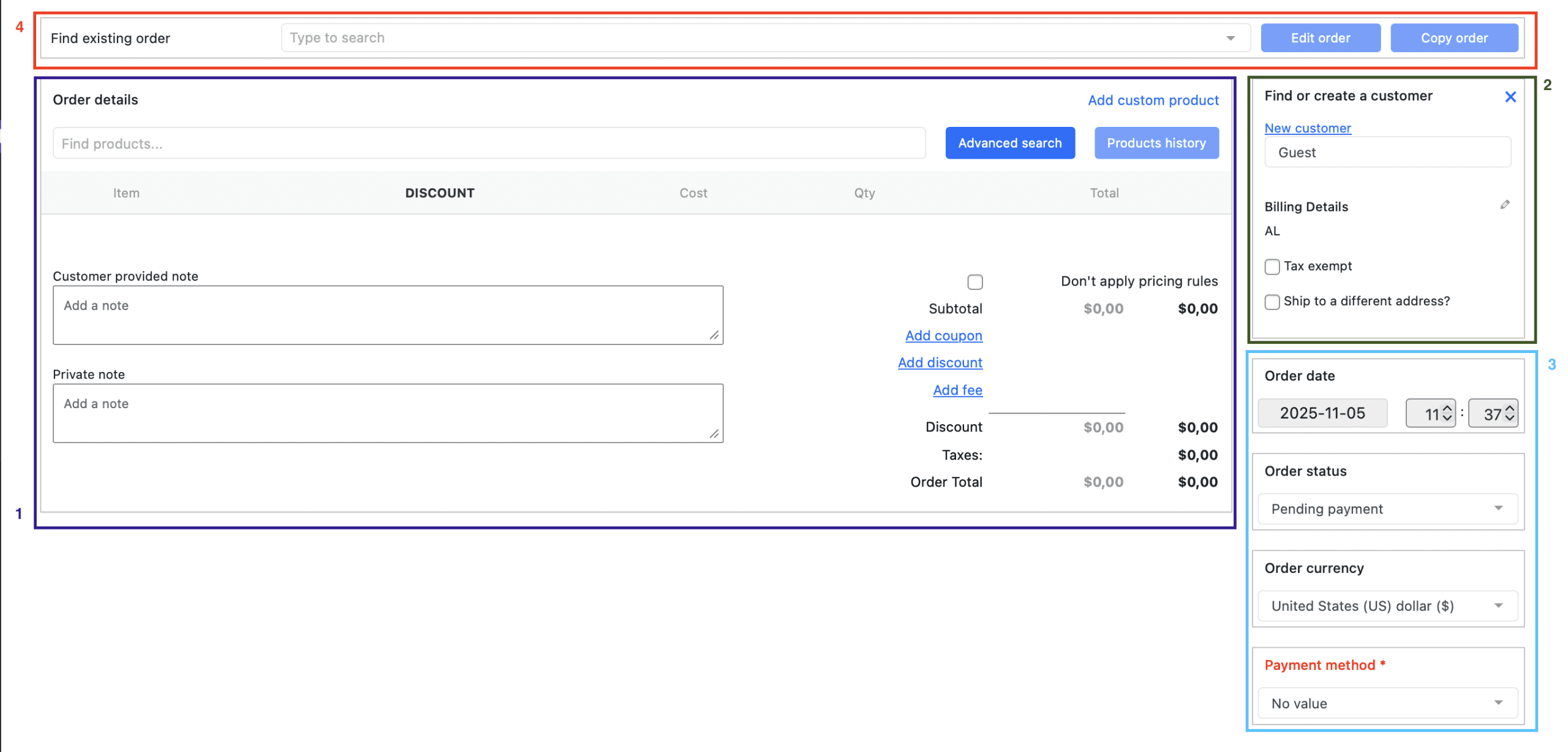Phone Orders for WooCommerce PRO Add Orderb tab with the highlighted 4 zones
