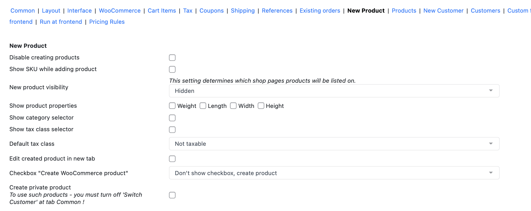 the options of the "New Product"settings tab of the Phone orders