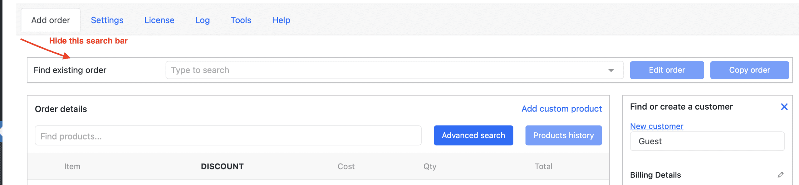 Hide Find existing order section