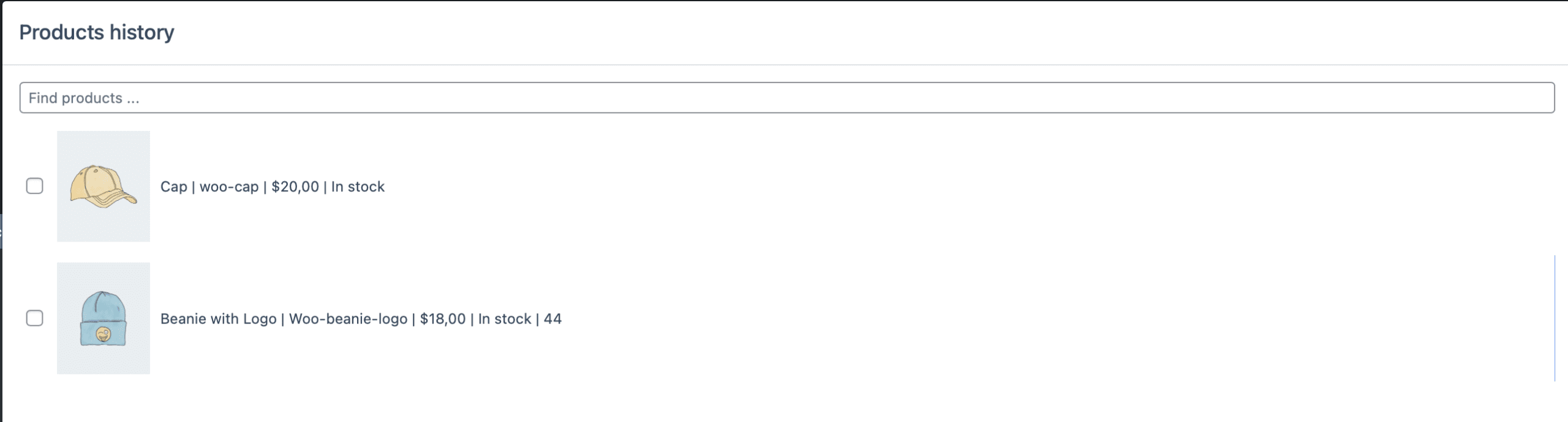 The Products history results of the Phone Orders for WooCommerce plugin