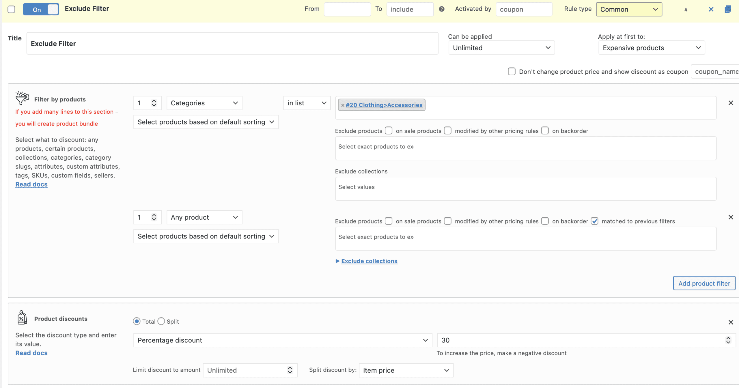 Exclude products matched to previous filter