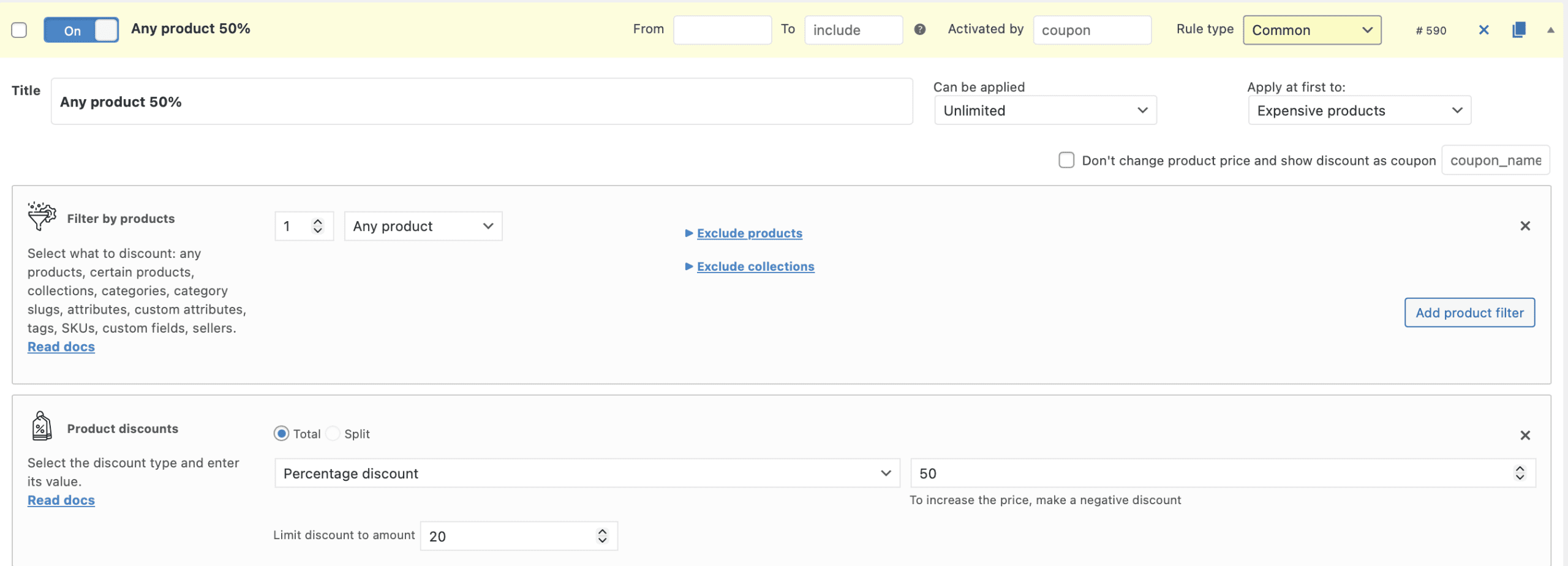 Product discount with the limited amount