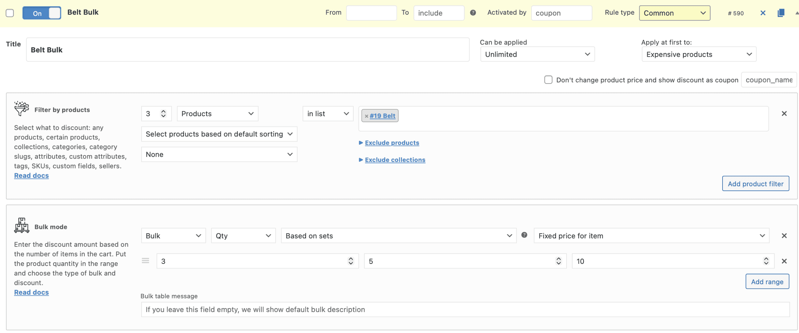 Qty based on sets bulk rule