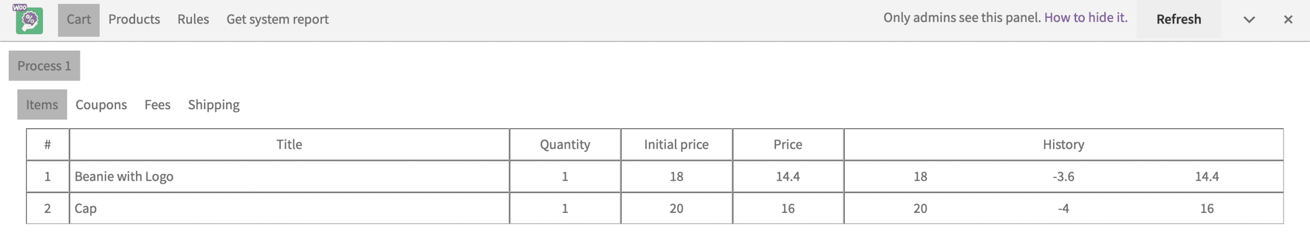 Debug panel tab cart