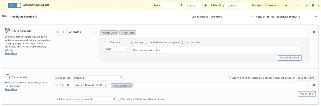 Attributes based gift rule