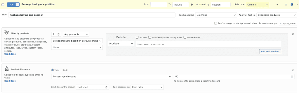 Package having one position