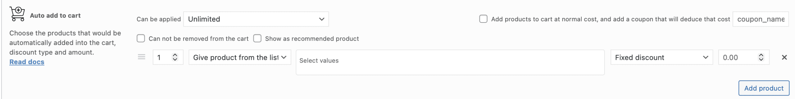 Auto add to cart rule's section