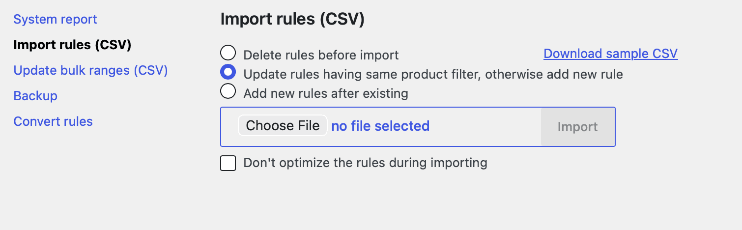 Import rules CSV