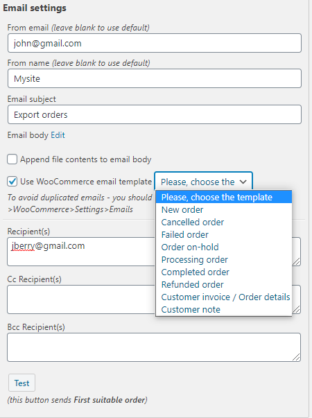 processing of an export order